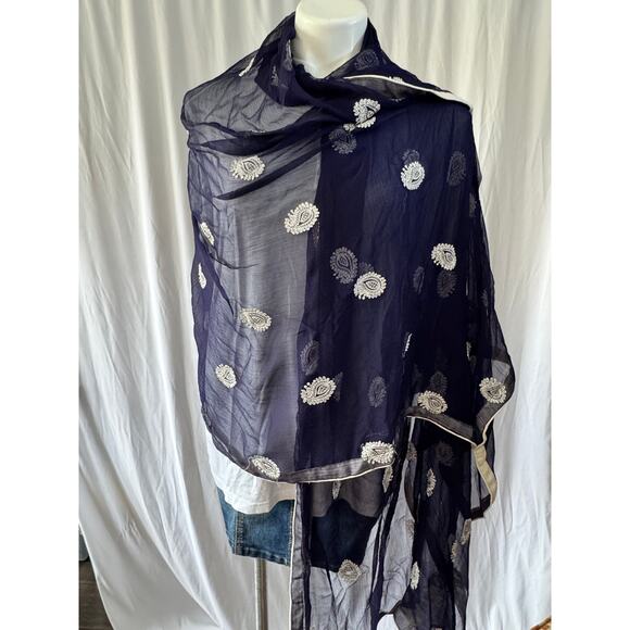 Navy Blue Sheer Embroidered Scarf – 39 x 88 Inches – Paisley Motif - Picture 3 of 7